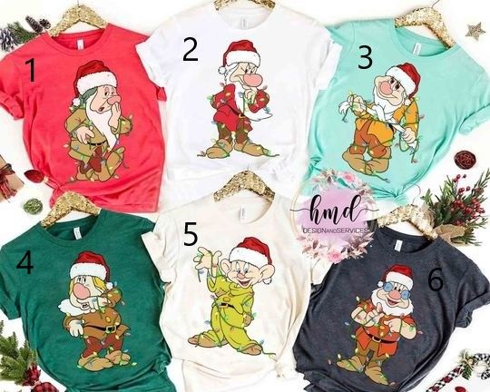 Santa Seven Dwarfs Characters Christmas Light T-shirt, Snow White and Seven Dwarfs Custom Xmas Tee, Magic Kingdom Disneyland Vacation Gift