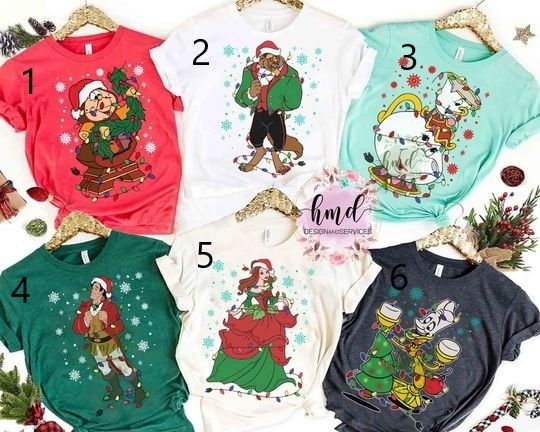 Beauty And The Beast Characters Group Christmas Light Matching T-shirt, Disney Belle Gaston Lumiere Xmas Tee, Disneyland Family Trip Gift