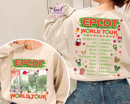 2-sided Disney Epcot World Tour Christmas Sweatshirt, Epcot World Tour Xmas Matching Sweatshirt, Mickey's Very Merry Xmas Party Family Trip