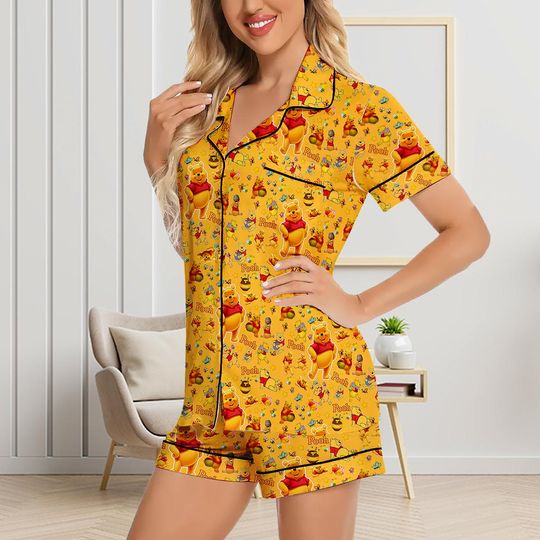 Winnie The Pooh Cartoon 3D All Over Print Silk Pajama Set, Pooh Women's Pajama, Pooh Pajamas Set, Pooh Silk Sleepwear, Pooh Lover's Gifts
