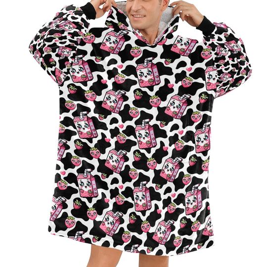 MOO BERRY BLISS | Men's Blanket Hoodie Kawaii Strawberry Milk Fleece Sherpa Oversized Sweatshirt Rave Wear Soft Warm and Cozy Day to Night