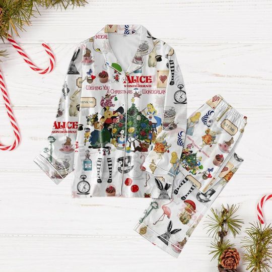 Alice In Wonderland Christmas Pajamas, Cheshire Cat Holiday Pajamas, Disney Characters Pajamas, Disney Pajamas For Party, Xmas Gift
