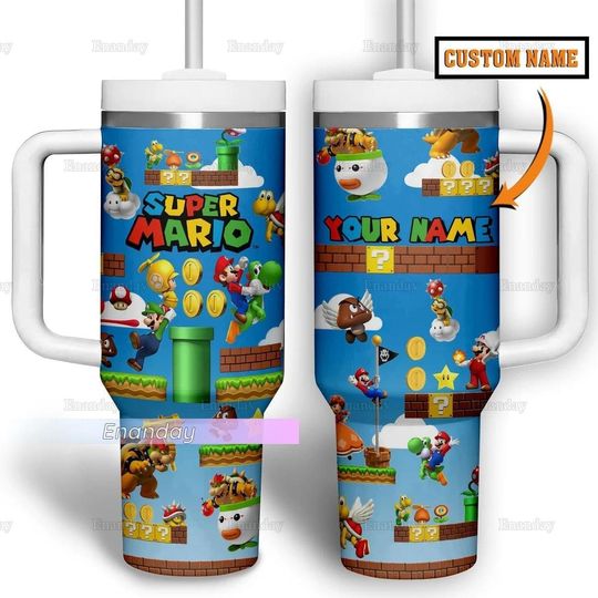 Super Mario 40oz Tumbler, Personalized Tumbler, Stainless Steel Tumbler, Mario Water Tumbler, Video Game Tumbler, Tumbler With Straw