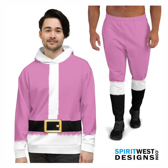 Pink Santa Claus Costume Men's Athletic Christmas Holiday Cosplay Party Outfit Hoodie Running Workout Jogging Sweat pants Shorts Leggings