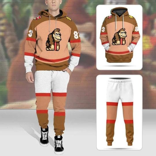 Custom Name Donkey Kong Costume Hoodie Joggers, Super Mario Characters Cosplay Sweatshirt, Video Game Shirt, Xmas Gift, Gift For Him