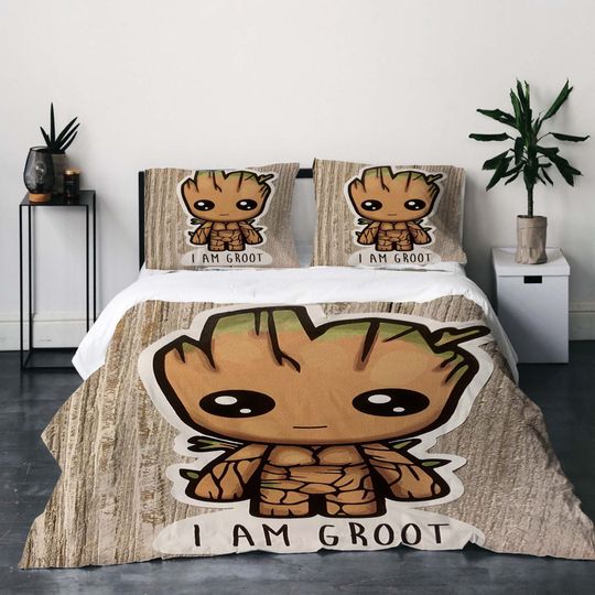 Guardians Galaxy  Groot Three-Piece Quilt cover Set Christmas Gift pillowcase Home Decor Child Gift for Soft Comfortable Bedding Bedroom.