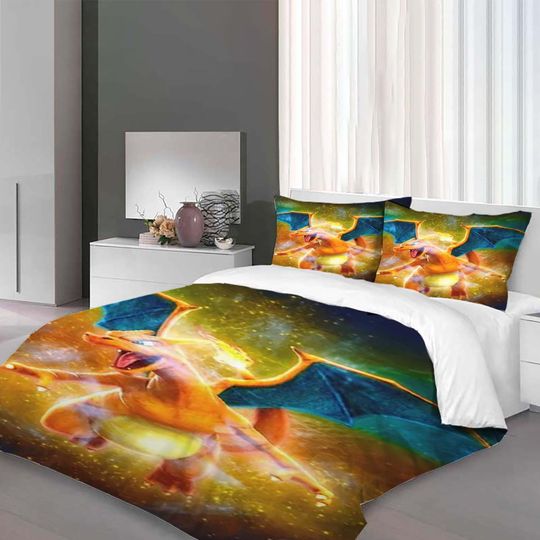 Custom Charizard Three-Piece Quilt cover Set Christmas Gift pillowcase Home Decor Child Gift for Soft Comfortable Bedding Bedroom.