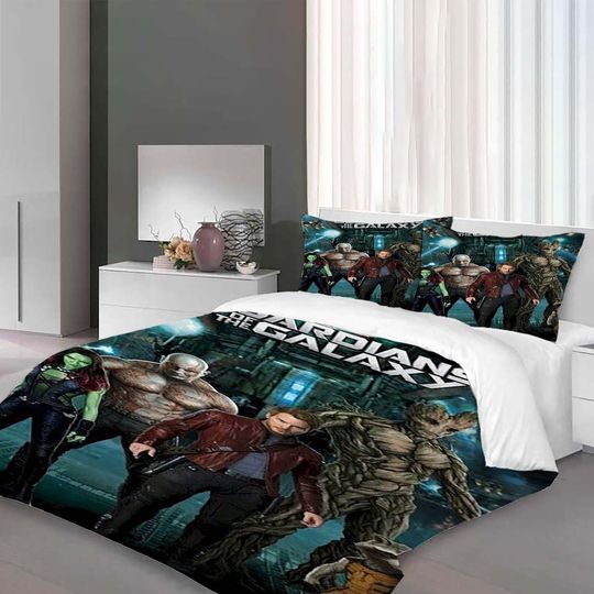 Guardians Galaxy  Groot Three-Piece Quilt cover Set Christmas Gift pillowcase Home Decor Child Gift for Soft Comfortable Bedding Bedroom.