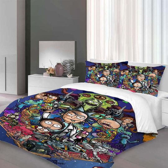 Christmas Rick and Rickandmorty Three-Piece Quilt cover Set Christmas Gift pillowcase Home Decor Child Gift for Soft Comfortable Bedding Bedroom.