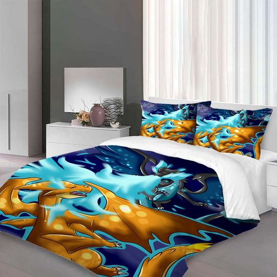 Custom Charizard Three-Piece Quilt cover Set Christmas Gift pillowcase Home Decor Child Gift for Soft Comfortable Bedding Bedroom.