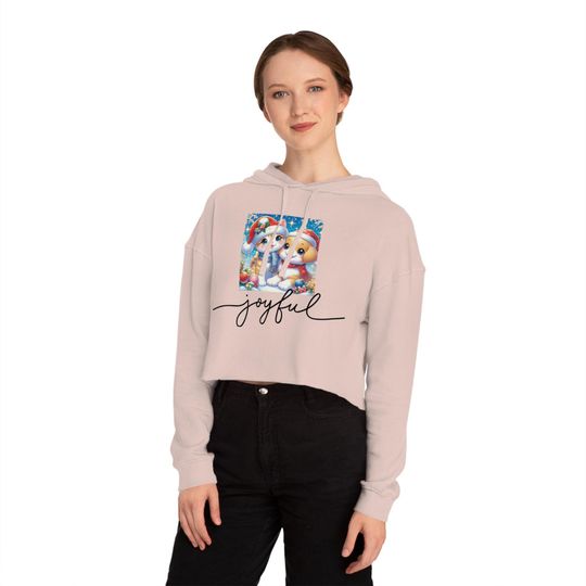 Christmas Puppy and Kitty Women's Cropped Hoodie Sweatshirt