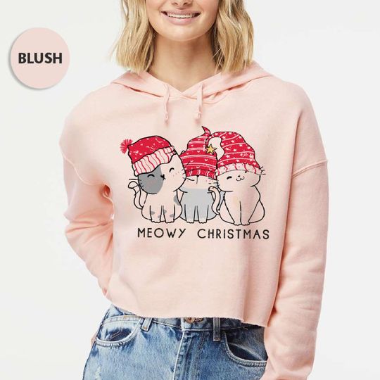 Independent Crop Hooded Sweatshirt for Cat Lovers - "Meowy Christmas" Print- Perfect Gift For Christmas