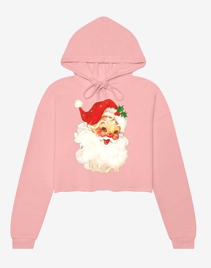 pink vintage santa crop sweater - santa fleece cropped sweatshirt - pink christmas crop top