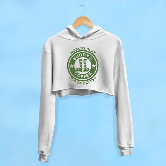 Christmas Cropped Hoodie. Buddy the Elf Worlds Best Cup of Coffee Hoodie. Raw Edge Crop. Trendy Seasonal Gym clothes. Seasonal Athleisure.