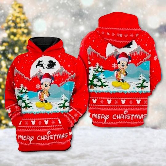 Mickey Mouse Christmas Hoodie, Cartoon Character All Over Print Hoodie, Mickey Mouse Xmas Vacation 3D Sweater, Magic Kingdom Shirt