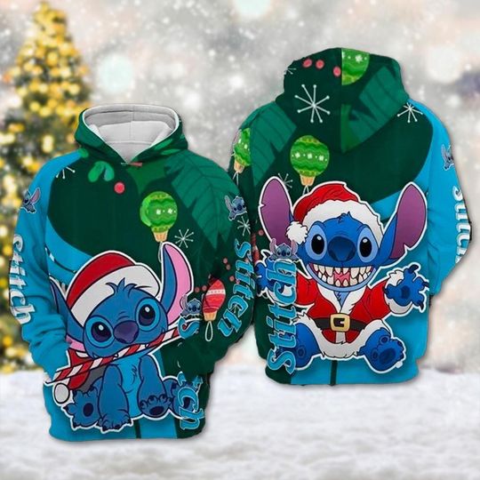 Santa Stitch Christmas Hoodie, Cartoon Character Xmas 3D Sweater, Stitch Christmas All Over Print Shirt, Magic Kingdom Xmas Party Shirt