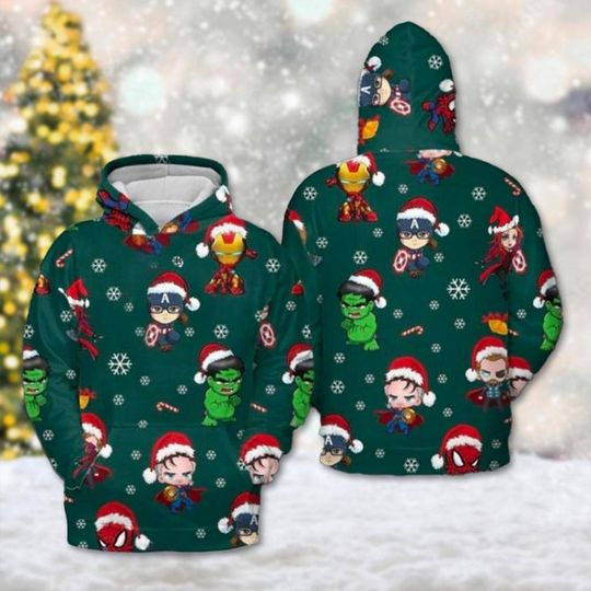 Superhero Christmas Hoodie, Thor Iron Man All Over Print Sweatshirt, Super Hero Character Xmas 3D Sweater, Spiderman Christmas Shirt