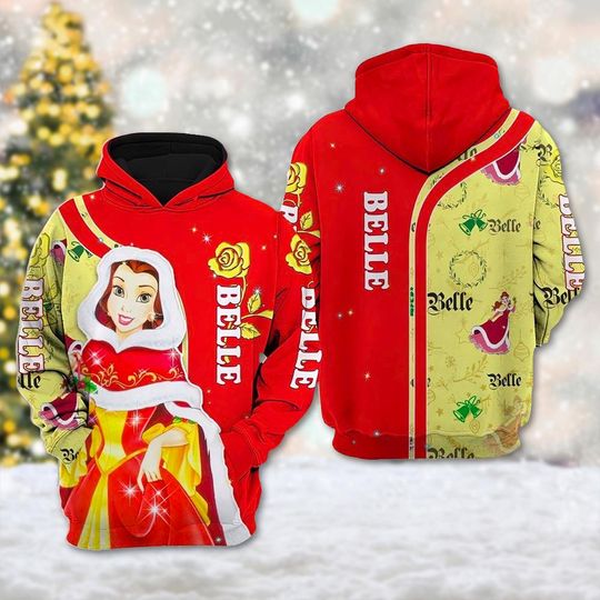 Princess Belle Christmas Hoodie, Beauty And The Beast Xmas Sweater, Cartoon Character 3D Sweatshirt, Merry Christmas All Over Print Hoodie
