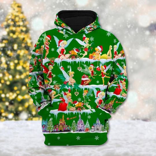 Tinker Bell Merry Christmas Sweatshirt, Flying Fairy Xmas 3D Hoodie, Tinkerbell Princess Cartoon Christmas Sweater, Magic Kingdom Shirt