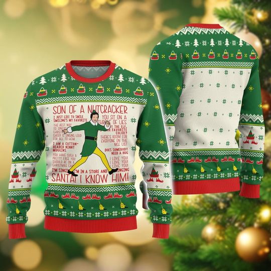 Buddy Elf Ugly Christmas Sweater, Movie Sweater Family, Film Sweater, North Pole Holiday Sweater For Men Women Kid, Elf Lover Gifts