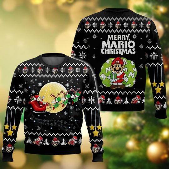 Super Mario Ugly Christmas Sweater, Merry Mario Christmas Sweater, Mario Santa Hat Xmas Sweater, Mario Yoshi Shirt, Video Game Sweater