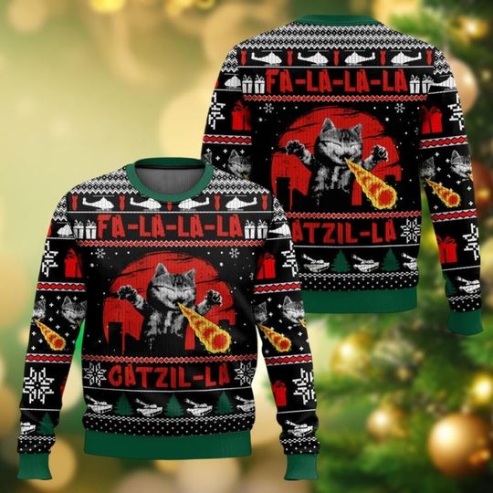Christmas Cat Fa La La La Ugly Sweater, Catzilla Sweater, Funny Cat Xmas Sweater, Movie Sweater Family, Holiday Sweater For Men Women