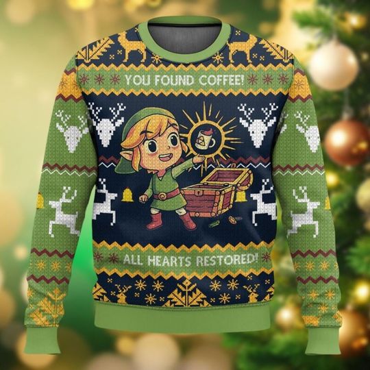 Christmas Legend Of Zelda Ugly Sweater, You Found Coffee All Hearts Restored Christmas Sweater, Link Holiday Sweater, Game Xmas Sweater