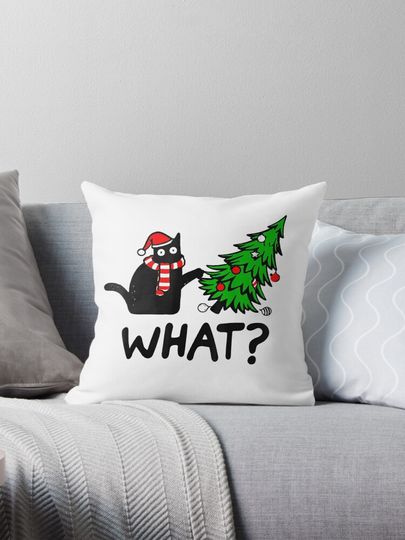 Discover Funny Black Cat Gift Pushing Christmas Tree Over Cat What? Pillow