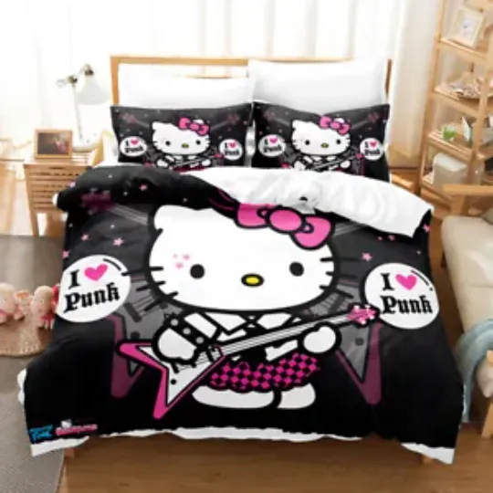 Rock Music Hello Kitty Duvet Cover Pillowcase Twin Queen Bedding Set Quilt Cover