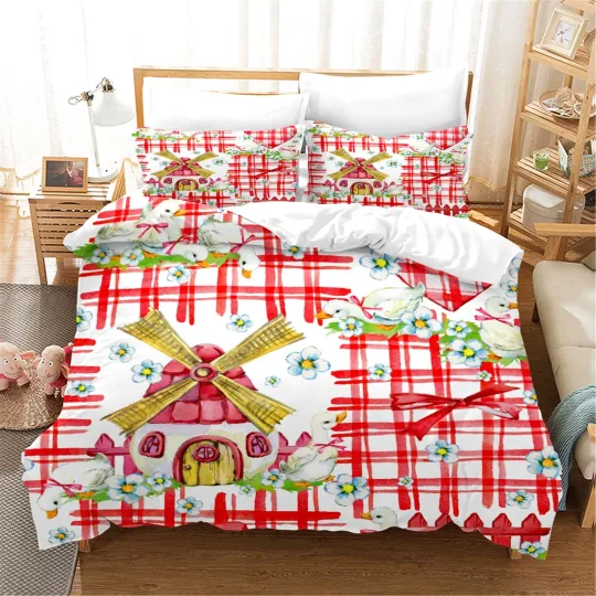 3D Christmas House Geometric Red Bedding Set | Christmas Gift | Christmas Decor