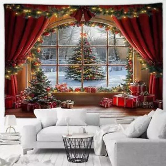 Christmas Tapestry Red Curtain Xmas Trees Outside Window Winter Forest Landscape