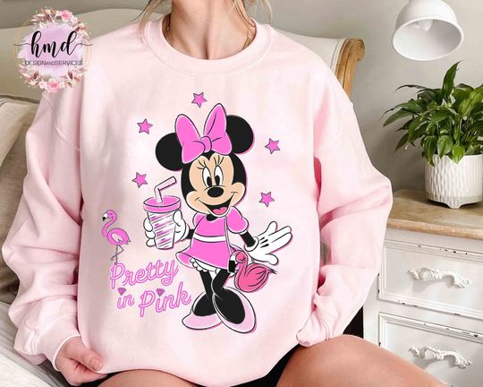 Cute Minnie Mouse Pretty in Pink Flamingo Sweatshirt, Disney Mickey and Friends Matching Tee, WDW Magic Kingdom Disneyland Family Vacation Gift