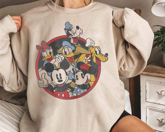 Disney Mickey And Friends Classic Group Shot Retro Sweatshirt, Magic Kingdom Holiday Unisex Tshirt Family Birthday Gift Adult Kid Toddler Tee