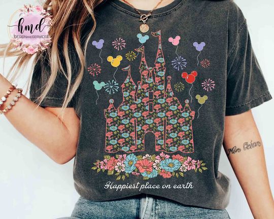 Disney Castle Floral Happiest Place on Earth Mickey Balloon T-shirt, Magic Kingdom Family Matching Tee, Disneyland Vacation Holiday Gift