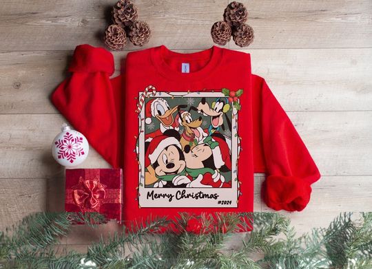 Disney Merry Christmas Sweatshirt, Walt Disneyworld Characters, Retro Christmas Mickey And Friends Sweater, Disney Christmas Lights Sweatshirt