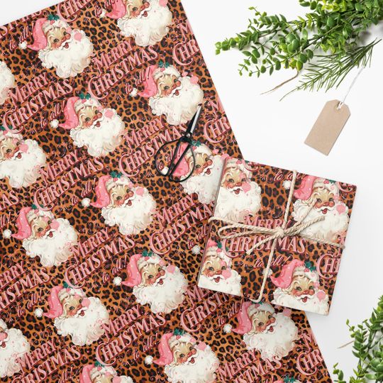 Pink Leopard Print Christmas Wrapping Paper, Leopard Print Pink Santa Hat, Pink Leopard Print Christmas Paper, Gift Wrap, Craft Paper