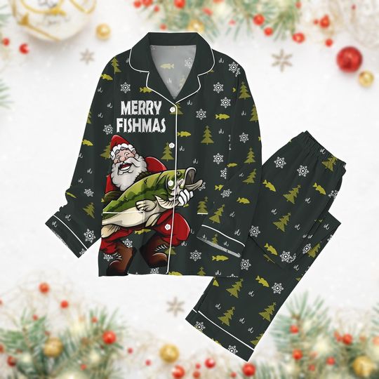 Merry Fishmas Pajamas Set, Fisherman Bass Santa Pajamas, Gifts For Fishing Dad, Fishing Lovers, Christmas Fishing Holiday Pajamas