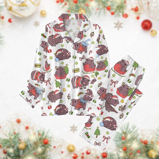 Moo Deng Christmas Pajamas Set, Cute Moo Deng Santa Hat Pj Set, Moo Deng Bouncy Pig Pj Set Pants, Funny Baby Pygmy Hippo Gifts