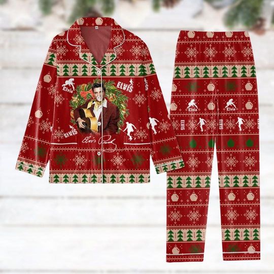 Elvis Presley Christmas Pajamas, King Of Rock Women Pajamas, Rock N Roll Pajamas Set, Music Lover Gift, Pjs Christmas