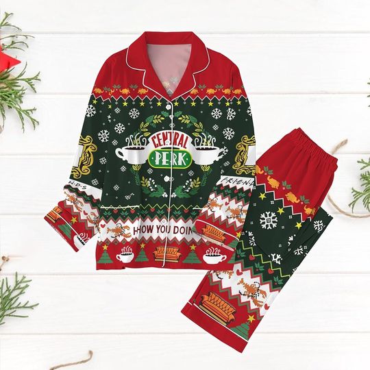 Friends TV Show Xmas Pajamas, Central Perk Christmas Pajamas, Friends Characters Holiday Pajamas, Chandler Bing And Joey Pajamas