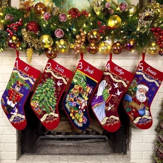 Personalized Needlepoint Christmas Stockings, Monogrammed Family Gifts, Santa Claus, Angel, Nutcracker, Toy Soldier Train Seasonal Decor