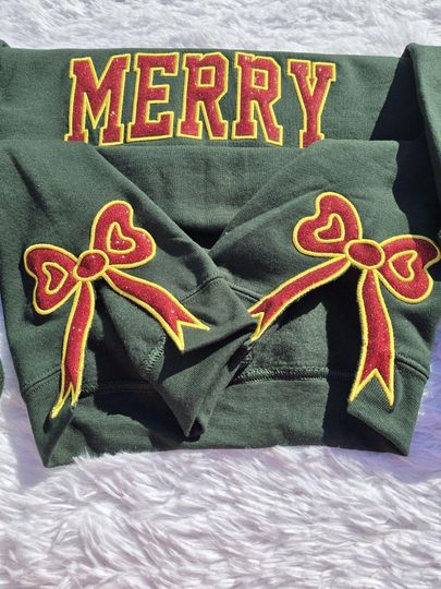 Side Bow Merry Applique Sweatshirt EMBROIDERED, Merry Christmas Embroidered, Bow Applique, Bow Applique Embroidery, Christmas Gift Shirt