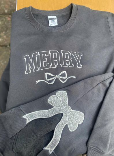 Merry Christmas Side Bow Sweatshirt, Embroidered Bow Cut-Out Design, Stylish Coquette Bow, Festive Applique Christmas Sweatshirt
