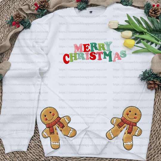 Gingerbread Embroidered Side Bow Appliqu Sweatshirt, Embroidered Gingerbread Cookie Sweatshirt, Merry Christmas Side Bow Cut-Out Sweatshirt