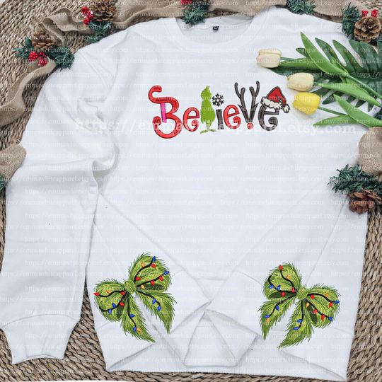 Believe Embroidered Side Bow Sweatshirt, Christmas Hater Bow Sweatshirt, Green Grump Side Bow Cut-out Sweatshirt, The Mean One Sweatshirt