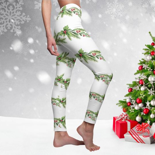 Christmas Garland Christmas Leggings For Women White Winter Pants Retro Christmas Decor Pine Boughs Traditional Christmas Tights Stockings