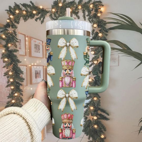 Christmas Coquette Nutcracker Tumbler 40oz, Retro Nutcracker Bow Girly Cup, Watercolor Nutcracker Friends Tumbler with Lid and Straw