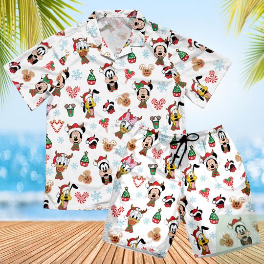 Mickey Mouse And Friends Christmas Candy Hawaiian Shirt, Disneyland Xmas Holiday Hawaii Set, Mickey's Very Merry Christmas Party