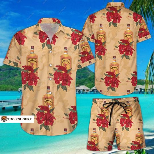 Fireball Button Shirt/Shorts, Fireball Mens Shorts, Fireball Whisky Hawaiian Shirt, Fireball Tropical Shirt, Button Down Shirt