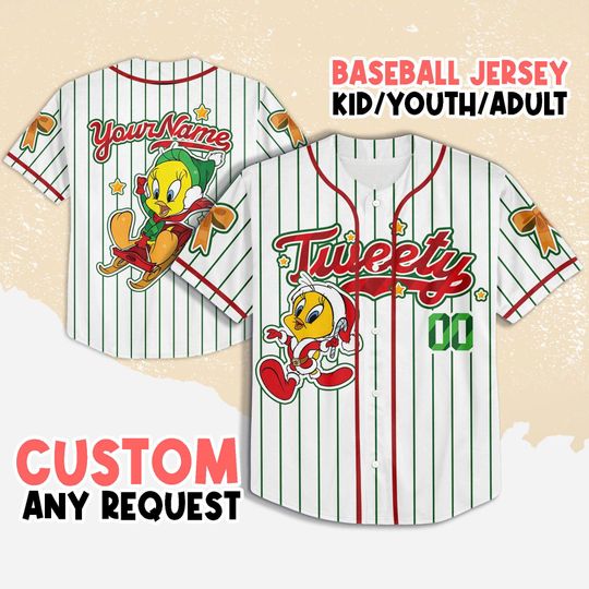 Personalized Tweety Christmas Baseball Jersey, Custom Looney Tunes Tweety Christmas Jersey, Disney Birthday Gift, Gift For Baseball Fans
